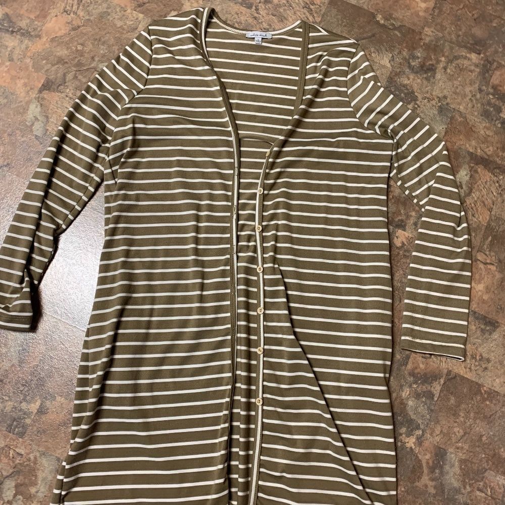 White Birch Taupe and‎ White Striped Knee Length Cardigan